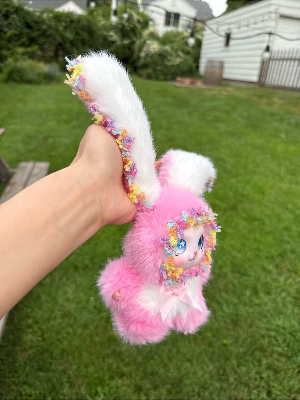Pink Plush Bunny Keychain with Decorative Trim. Backpack Charm for Kids.Birthday - Picture 4 of 8